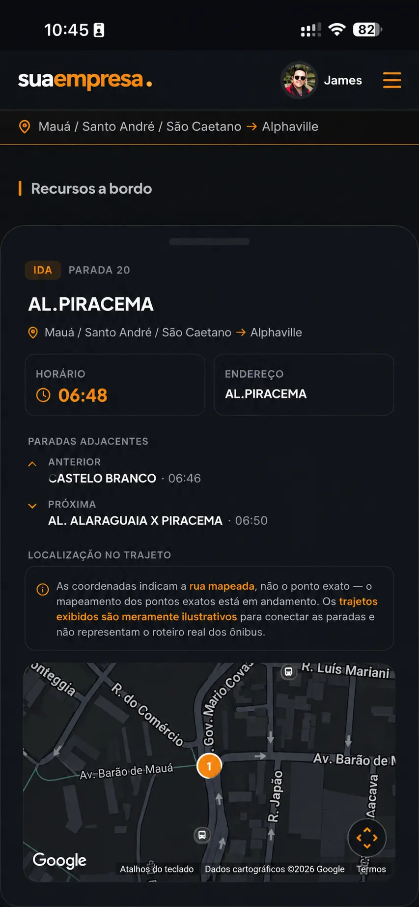 Mapa com pontos de embarque e horários das paradas da linha de fretamento