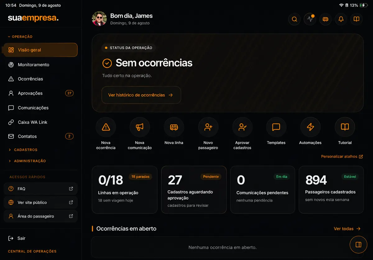 Painel da central de fretamento com monitoramento de ônibus em tempo real e ações rápidas