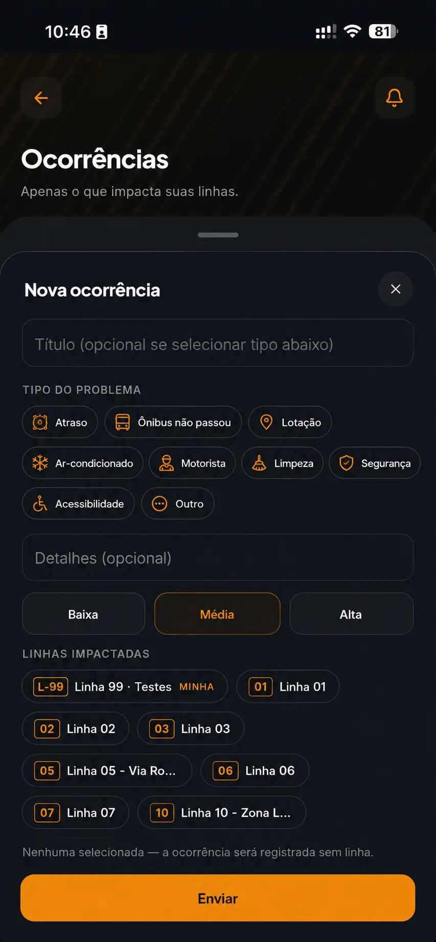 Registro de ocorrência do passageiro de fretamento em fluxo guiado no app