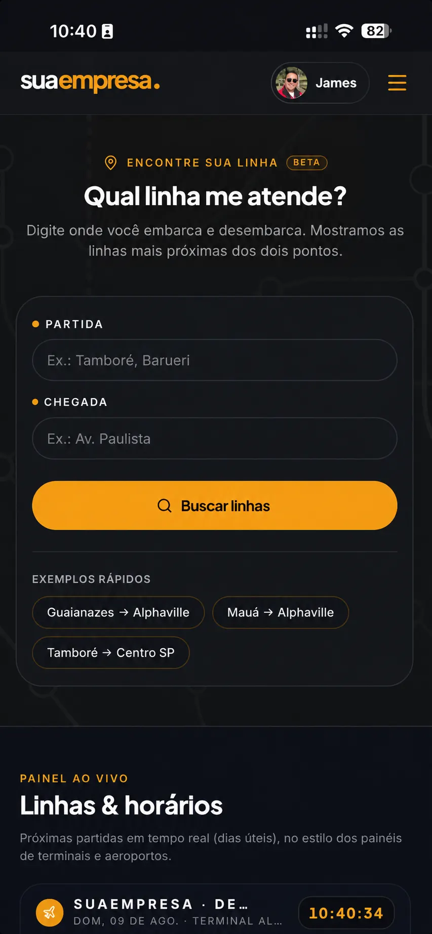 App do passageiro buscando linha de ônibus fretado por origem e destino