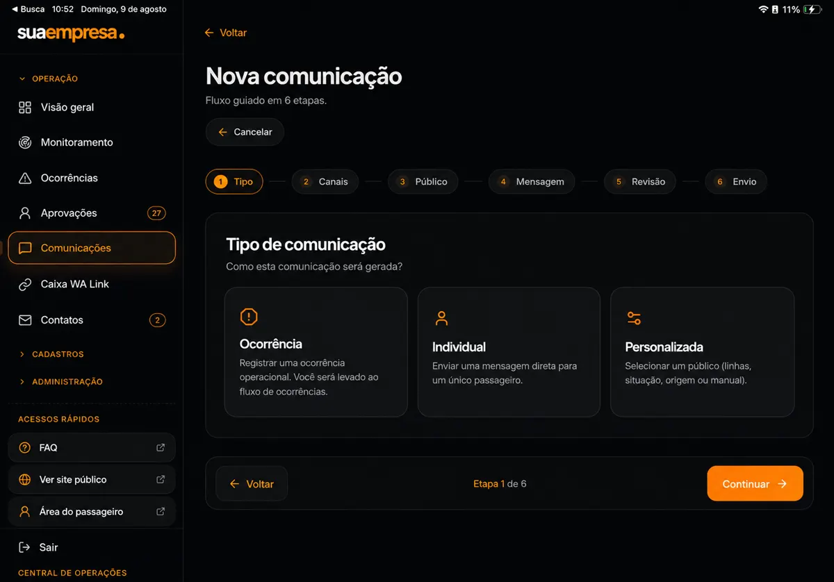 Envio de comunicado aos passageiros por WhatsApp, e-mail, SMS e push no sistema de gestão de fretamento
